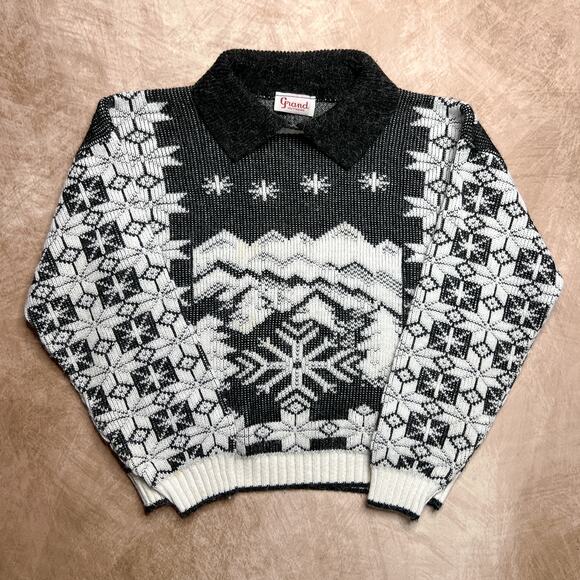 Vintage 70s Grand Knitwear Fair Isles Mountain Ski Sweater Collared Black White - Picture 7 of 7